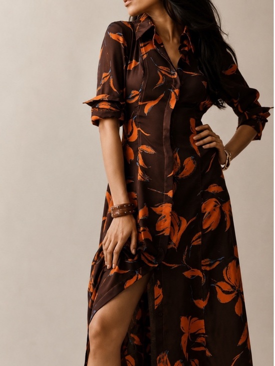 Anthropologie Dresses & Skirts - Exquise Long Sleeve Satin Shirt Dress Button Front New XXS Purple Orange Floral